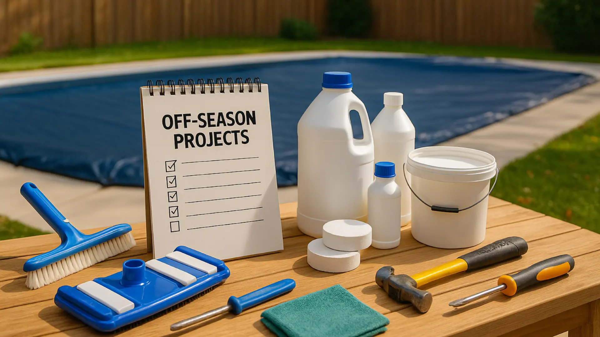 tools and pool care accessories on a table with a blank checklist