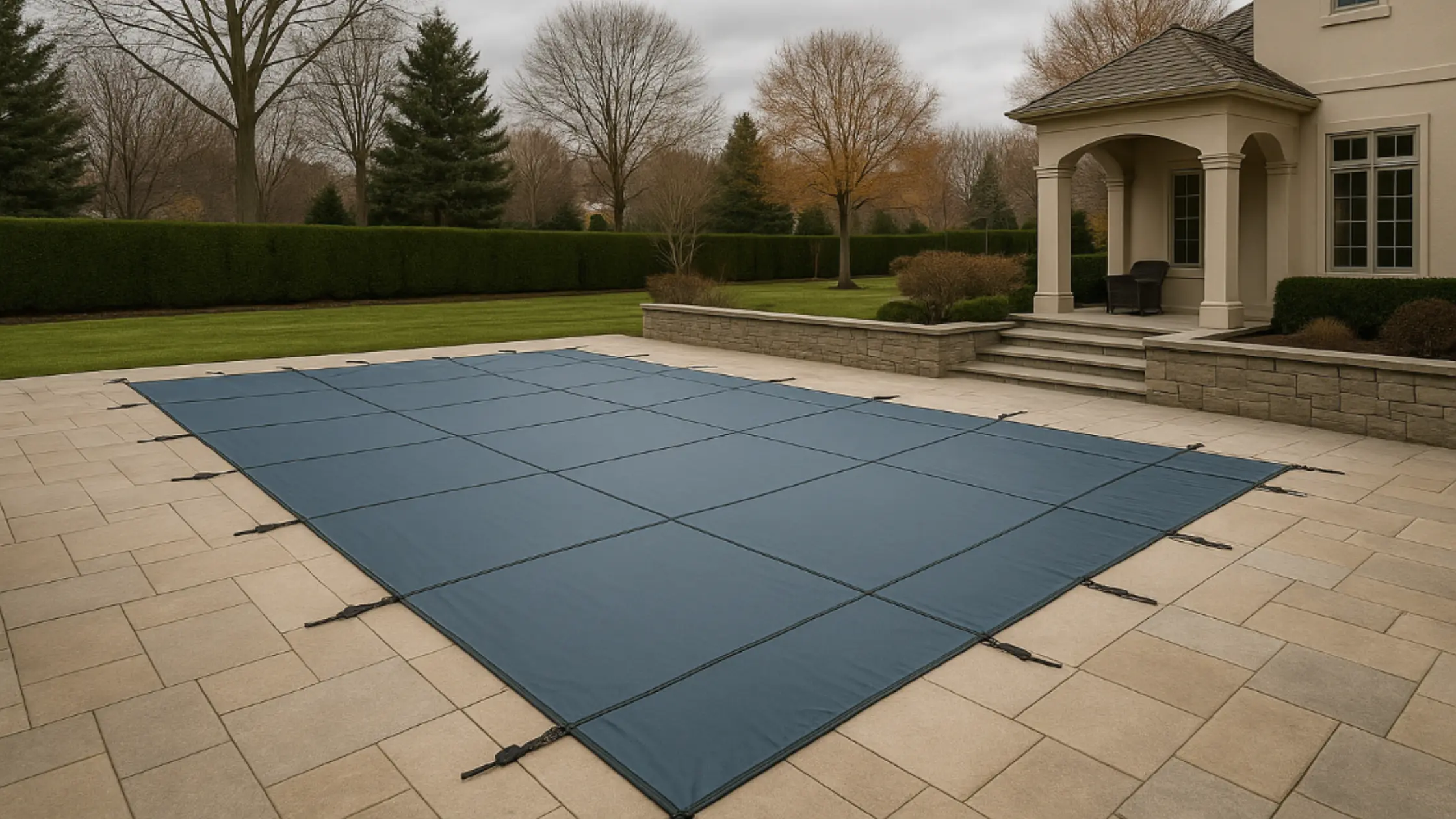 a winter pool cover over a pool